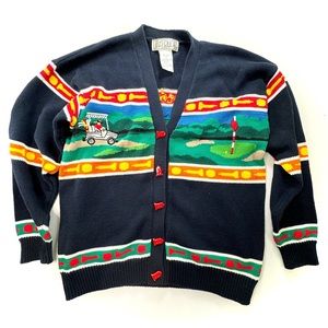 RARE Vintage Liz Ruch navy appliqué golf golfer cardigan/S